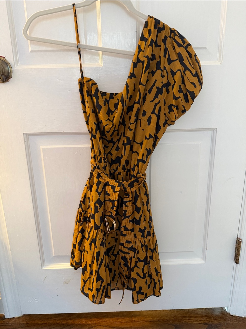Karina Grimaldi Mustard and Black One-Shoulder Mini Dress